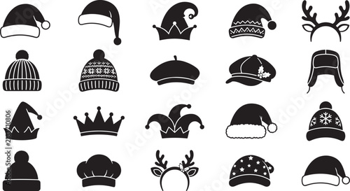 Christmas Hat and Winter Holiday Headwear Icon Collection