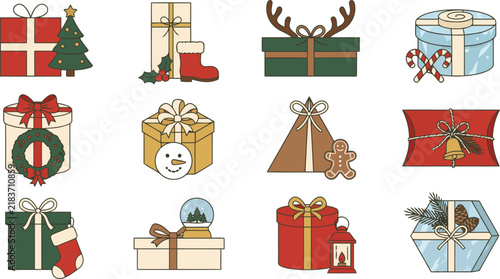 Christmas Gift and Holiday Decoration Icon Set with Presents, Stockings and Ornaments