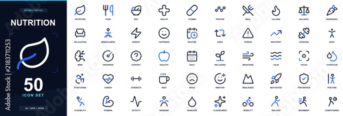 Nutrition icon set with food, diet, health, vitamin, protein, meal and calorie; editable outline vector symbols for wellness, healthy lifestyle and personal care.
