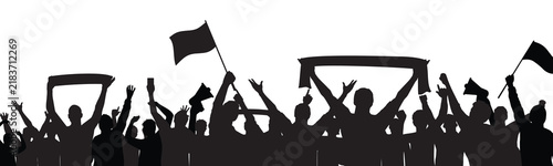 Silhouette of cheering crowd of sports supporters and fans holding flags and scarves, isolated on white background.