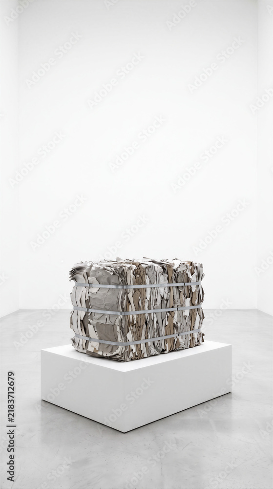 Fototapeta premium Compressed paper bale on white pedestal in gallery