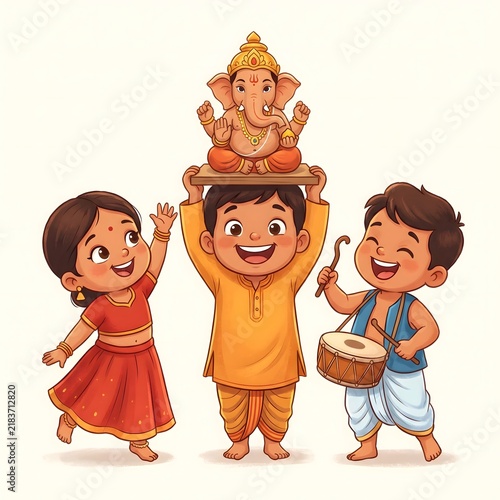 Joyful cartoon illustration of three Indian children celebrating Ganesh Chaturthi with music and a Lord Ganesha idol, wearing traditional clothing on a white background.