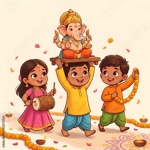 Cute cartoon illustration of Indian children celebrating Ganesh Chaturthi with a Lord Ganesha idol, playing drums, and holding flower garlands for festive greeting cards.