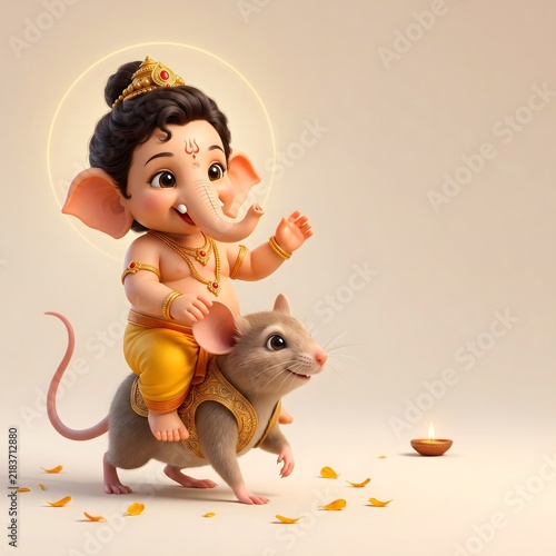Adorable 3D illustration of baby Lord Ganesha riding his mouse vahana for Ganesh Chaturthi festival greetings with a glowing halo and diya.