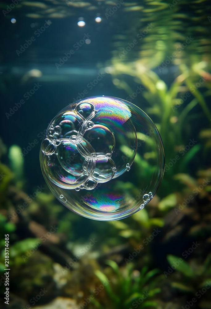 Obraz premium Purity and fragility concept, iridescent soap bubbles floating in water with aquatic plants in the background for environmental and wellness themes