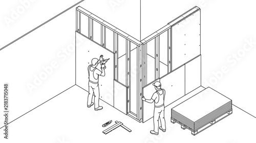 Isometric Line Art of Construction Workers Installing Drywall on Stud Walls