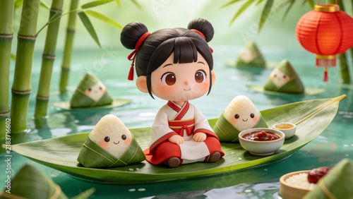 Cartoon girl sitting on reed - leaf