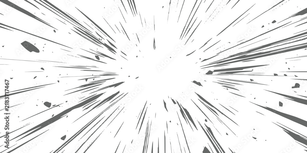 Fototapeta premium Manga action speed lines radial burst background with flying rock fragments for comic superhero battle vector illustration.