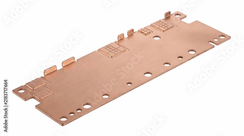 Polished copper busbar component featuring precise engineered cooling fins and circular mounting holes isolated against a plain white studio background