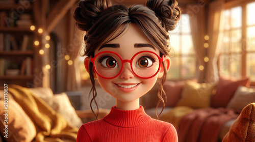 Obraz na płótnie 暖かな部屋で笑顔を見せる赤い眼鏡のかわいい女性3Dキャラクター
