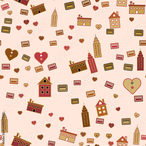 Seamless pattern of houses, skyscrapers, and hearts