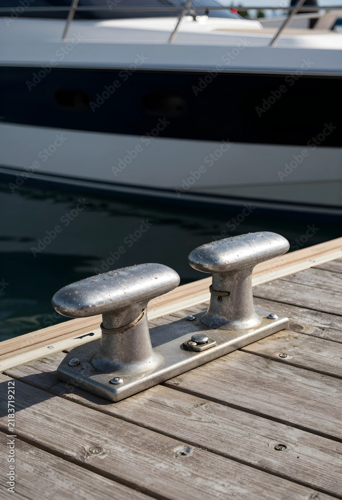 Fototapeta premium Maritime travel and luxury yachting lifestyle, metal mooring cleat on a wooden pier with a docked boat in a marina harbor for nautical vacation