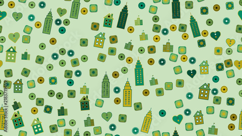 Stylized buildings and graphic elements seamless pattern