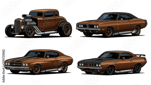 Vintage Hot Rod Muscle Cars, Classic Automotive Collection Isolated