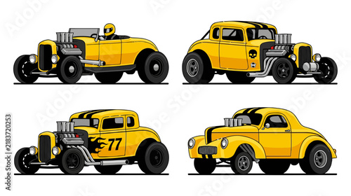 Vintage Yellow Hot Rod Cars Collection: Classic Custom Automotive Art