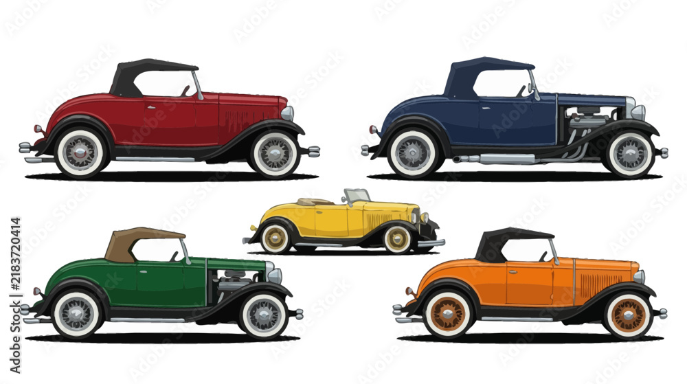 Fototapeta premium Vintage Convertible Cars Collection, Classic Roadster Vehicles Isolated