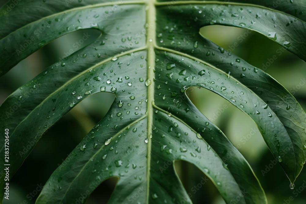 Fototapeta premium Macro view of a tropical monstera leaf with morning dew water droplets monstera botanical tropical moisture close-up environment sustainability patterned rainforest greenery