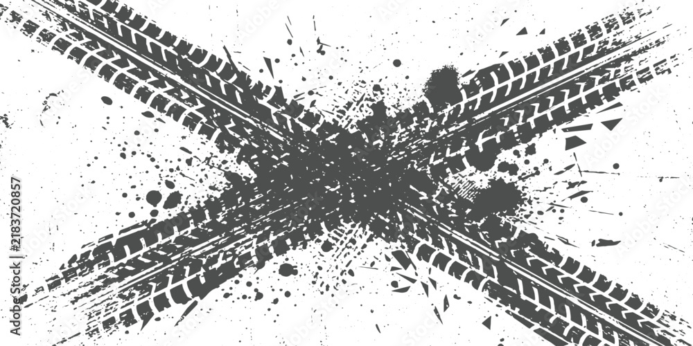 Obraz premium Crisscross grunge tire tracks background with dirty mud splatters and rough textured offroad vector illustration.