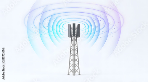 Cellular tower transmitting 5G signal waves isolated on white background.