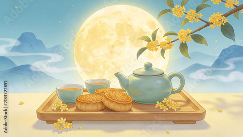Moonlit Mid - Autumn Tea Set and Mooncakes