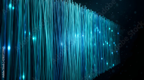 Fiber optic cables transmitting data with glowing blue light pulses on black background