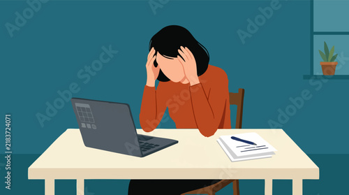 Stressed person at desk with laptop, feeling overwhelmed and frustrated