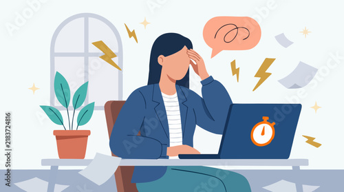 Stressed employee at desk with laptop, dealing with time pressure