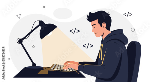 Young man coding at desk with desk lamp, modern flat illustration style