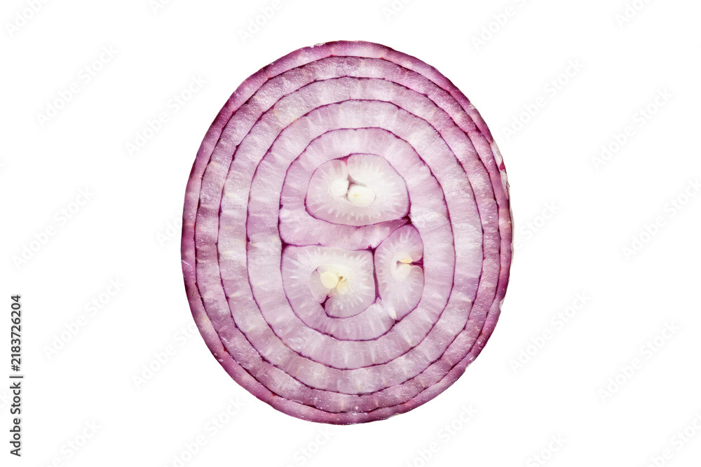Fototapeta premium A single thin slice of fresh red onion showing concentric rings and internal texture details isolated on a transparent background