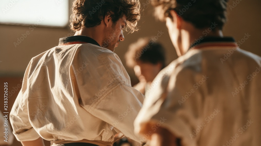 Fototapeta premium Two Men in Martial Arts Uniforms in a Dojo