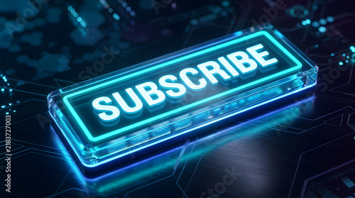 Glowing neon subscribe button for digital marketing and social media channel engagement.