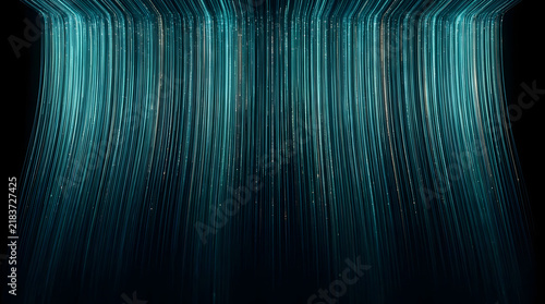 Abstract digital light fibers flowing downwards on a dark background