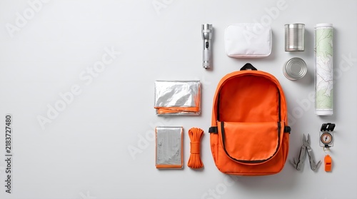 Emergency Survival Kit and Orange Backpack with Outdoor Gear Flat Lay