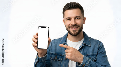 Man pointing at blank smartphone screen for mockup isolated on white background