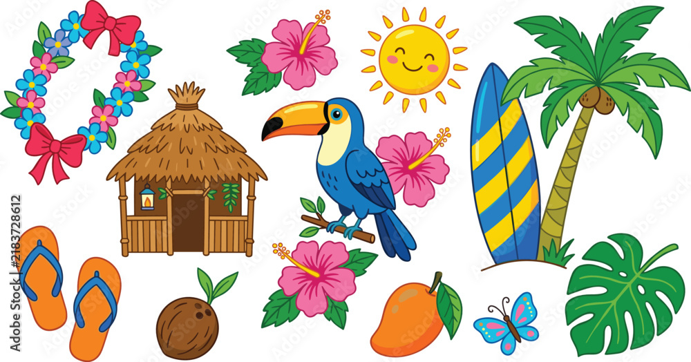 Obraz premium Tropical Summer Vacation Collection with Tiki Hut, Toucan, Surfboard, Palm Tree, Hibiscus Flowers, Coconut, Mango, Butterfly, and Sun