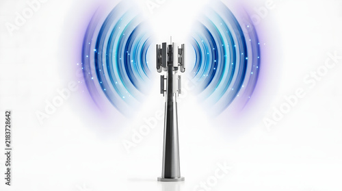 5G network tower with digital signal waves isolated on white background