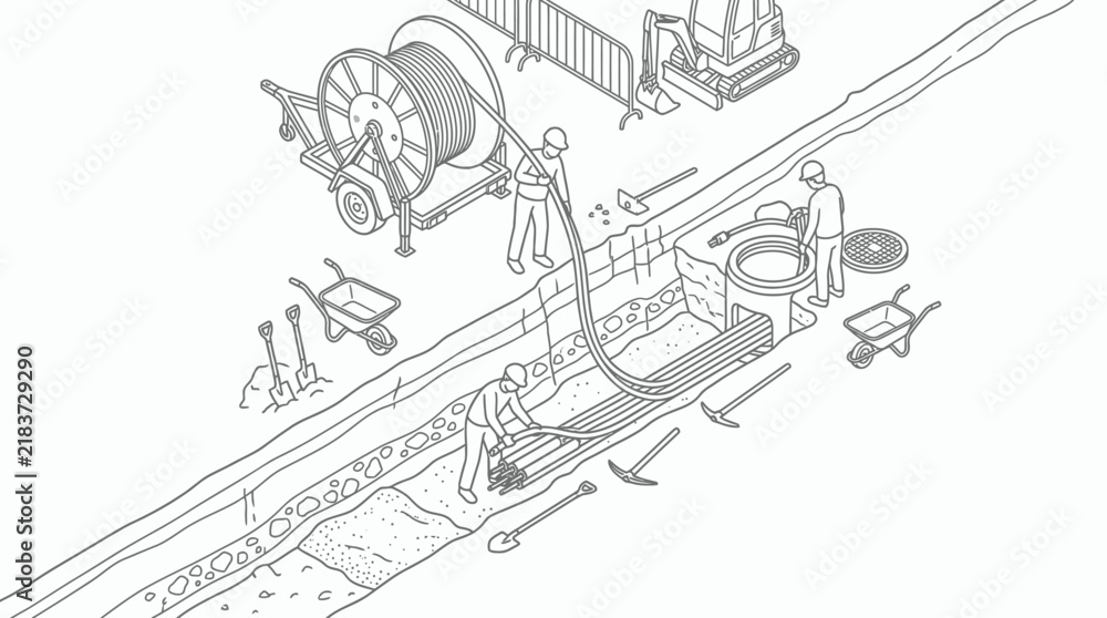 Fototapeta premium Isometric Line Art Fiber Optic Cable Installation Construction Site