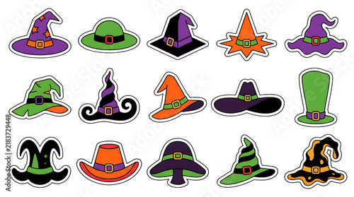 A collection of colorful witch hat icons isolated on a black background for halloween party design projects