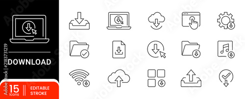 Set of 15 download and upload line icons, including cloud, folder, file, laptop, and settings symbols, perfect for web and mobile interface design