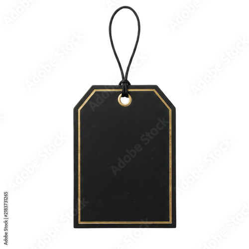 Elegant black gift tag with gold border, luxury paper price label with string, blank premium hanging sale tag mockup isolated PNG with Transparent Background Black Friday