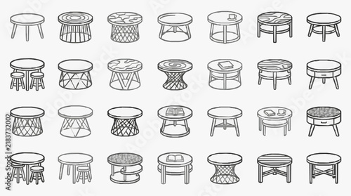 Diverse Collection of Small Tables and Stools in Minimalist Line Art Style