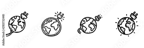 Energy Consumption And Environmental Impact Hand Drawn Doodle Icon Set. Global Energy Usage Sketch Symbol Collection. Environmental Awareness And Green Campaigns. Isolated Vector Illustration