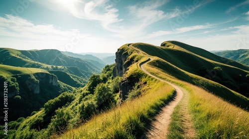 Winding dirt path leads along green mountain ridge. Scenic landscape features rolling hills, steep cliffs, valleys under bright blue sky. Peaceful nature trail offers amazing view for hiking