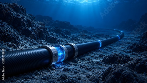 Underwater fiber optic internet cable on the ocean floor with glowing blue rings representing global telecommunication and subsea data networks.