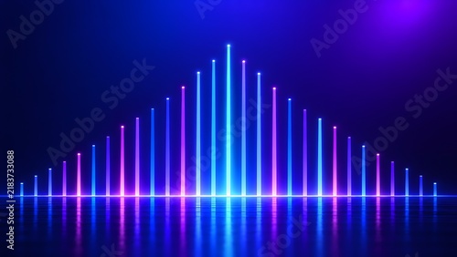 Abstract neon glowing equalizer bars forming a pyramid shape reflecting on a dark floor representing music audio spectrum and data analytics.