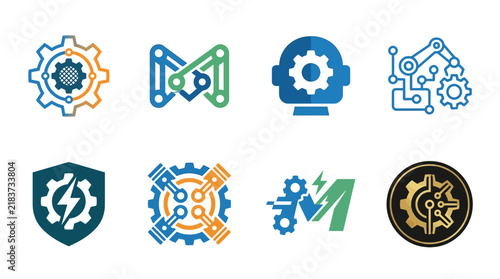 Industrial gear wheels and robotic head icon set.