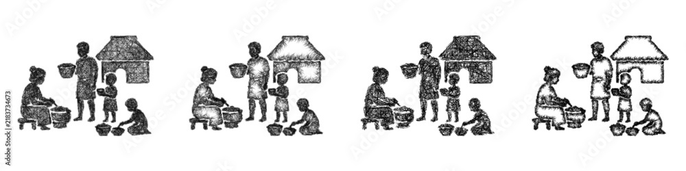 Fototapeta premium Sketch monochrome ancient family life icon design set