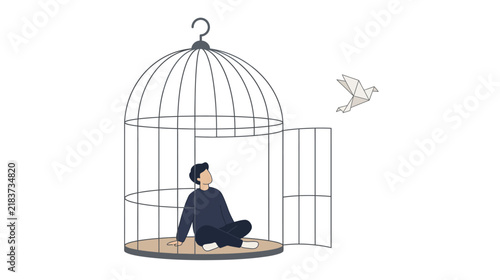Foto Conceptual Illustration of a Man Sitting in an Open Birdcage Watching an Origami