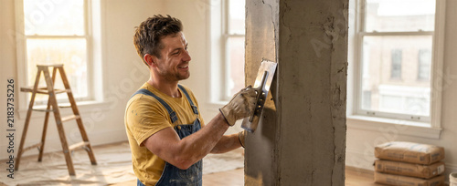 Man applying plaster on a concrete column in a renovated room  