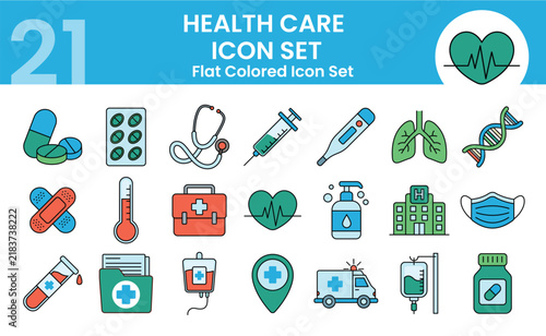 Flat healthcare colored icon set with 21 medical symbols